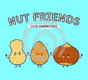 Cute, funny happy almonds, peanuts and hazelnut. Vector hand drawn cartoon kawaii characters, illustration icon. Funny