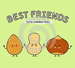 Cute, funny happy almonds, peanuts and hazelnut. Vector hand drawn cartoon kawaii characters, illustration icon. Funny