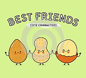 Cute, funny happy almonds, peanuts and Macadamia. Vector hand drawn cartoon kawaii characters, illustration icon. Funny