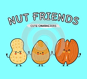 Cute, funny happy almonds, peanuts and pecan. Vector hand drawn cartoon kawaii characters, illustration icon. Funny