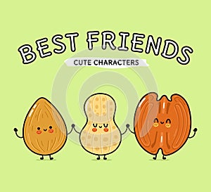 Cute, funny happy almonds, peanuts and pecan. Vector hand drawn cartoon kawaii characters, illustration icon. Funny