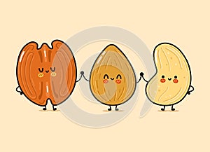 Cute, funny happy almonds, pecan and cashews nut. Vector hand drawn cartoon kawaii characters, illustration icon. Funny