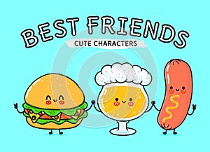 Cute, funny happy glass of beer, hamburger sausage with mustard. Vector hand drawn cartoon kawaii characters