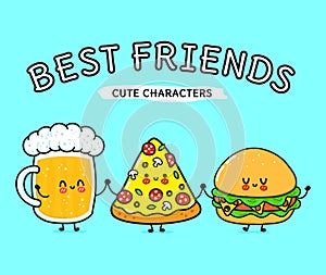 Cute, funny happy glass of beer, pizza and hamburger. Vector hand drawn cartoon kawaii characters, illustration icon