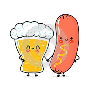 Cute, funny happy glass of beer and sausage with mustard. Vector hand drawn cartoon kawaii characters, illustration icon