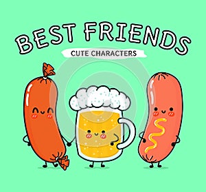 Cute, funny happy glass of beer, sausage and sausage with mustard. Vector hand drawn cartoon kawaii characters
