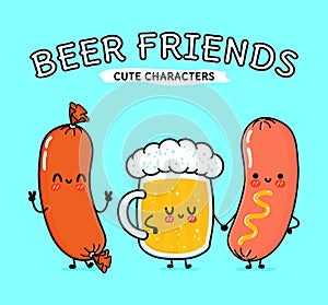 Cute, funny happy glass of beer, sausage and sausage with mustard. Vector hand drawn cartoon kawaii characters
