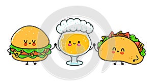 Cute, funny happy glass of beer taco hamburger. Vector hand drawn cartoon kawaii characters, illustration icon. Funny