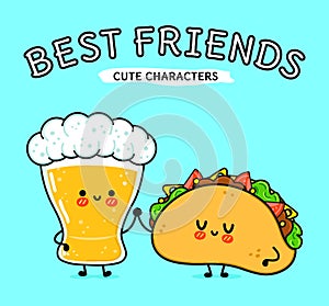 Cute, funny happy glass of beer and taco. Vector hand drawn cartoon kawaii characters, illustration icon. Funny cartoon