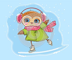 Cute funny and happy owl on ice rink. Poster about good mood, winter sports. Children`s cartoon fabulous  illustration. Vector.