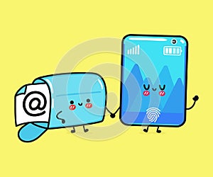 Cute, funny happy smartphone and mailbox with email. Vector hand drawn cartoon kawaii characters, illustration icon