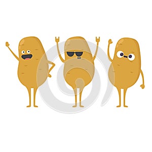 Cute funny happy smiling funny potato set isolated on white background. Vector flat cartoon potato character icon design
