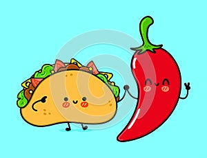 Cute, funny happy taco and chili pepper. Vector hand drawn cartoon kawaii characters, illustration icon. Funny cartoon