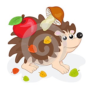 Cute funny hedgehog, cartoon hand drawing. Sweet urchin carrying apples and mushrooms on his back, forest animal with needles