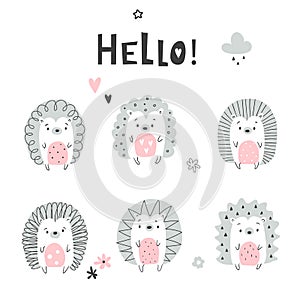 Cute funny hedgehog set, nursery poster