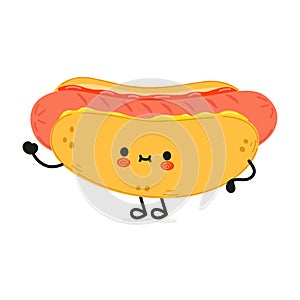 Cute funny hotdog waving hand character. Vector hand drawn cartoon kawaii character illustration icon. Isolated on white