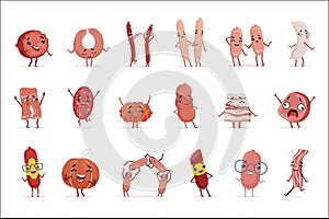 Cute funny humanized sausage showing different emotions set of colorful characters vector Illustrations