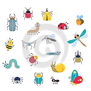 Cute Funny Insects Set, Beetle, Mosquito, Dragonfly, Butterfly, Bee, Caterpillar, Snail, Ant, Spider Creatures Cartoon