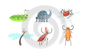 Cute Funny Insects Set, Caterpillar, Rhinoceros Beetle, Spider, Cricket, Dragonfly Cartoon Vector Illustration