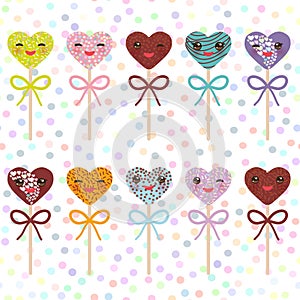 Cute funny kawaii Colorful Sweet Cake pops hearts set with bow , pastel colors on white polka dot background. Vector