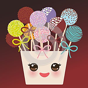 Cute funny kawaii Colorful Sweet Cake pops set with bow in a pink bucket on dark background. Vector