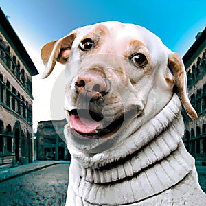 Cute and funny Labrador dog wearing a turtleneck sweater on the street in a city