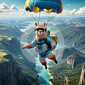 Cute funny lamma flies on a parachute