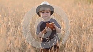 Cute and funny little boy 2-3 years old in a straw hat eating a fresh bun in a wheat field on a summer day at sunset