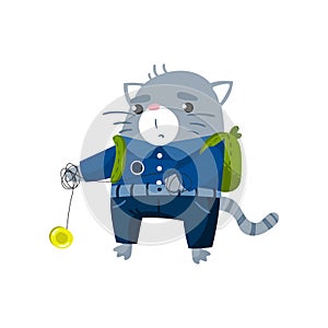 Cute funny little cat student playing yoyo toy, pupil animal in school uniform, back to school concept vector