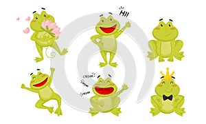 Cute Funny Little Frog Cartoon Character Collection, Adorable Frog Amphibian Animal in Different Situations Vector