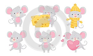 Cute Funny Little Mouse Cartoon Character Collection, Adorable Small Rodent Animal in Different Situations Vector