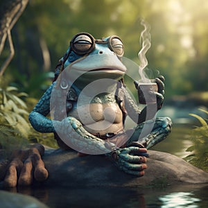 Cute and Funny-Looking Blue Frog Enjoying a Hot Cup of Coffee or Tea Sitting on a Rock in the Forest by a Pond