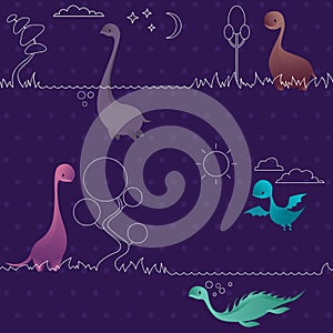 Cute funny lovely dino seamless pattern. Dinosaurs.