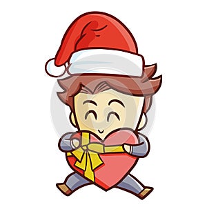 Cute and funny male holding gift, wearing Santa`s hat