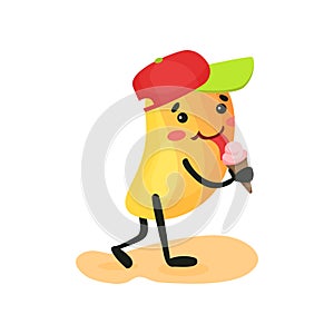 Cute funny mango eating ice cream, tropical humanized fruit character spending time on the beach in summer holidays