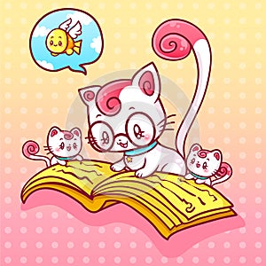 Cute funny mom cat with her kittens reading a storybook