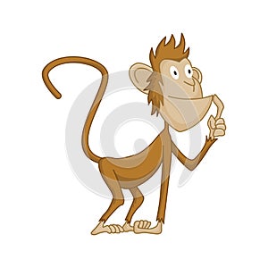 Cute funny monkey colorful cartoon illustration. Vector little chimpanzee. Wildlife character. Ape stands and thinking