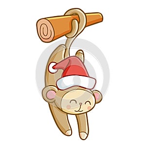 Cute and funny monkey wearing Santa`s hat for Christmas hanging on the branch