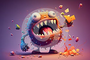 cute funny monster in a freaky frenzy, destroying everything in its path