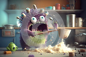 cute funny monster making a mess in the kitchen, mixing up ingredients and cooking disaster