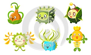 Cute Funny Monsters Set, Colorful Fantasy Plants Characters, Mobile or Computer Game User Interface Assets Vector