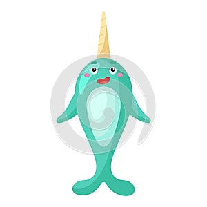 Cute funny narwal print on white background. Ocean cartoon animal character for design of album, scrapbook, greeting card,