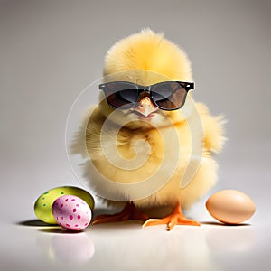 Cute Funny newborn chick and egg is wearing glass in party and Easter holiday isolated on white background