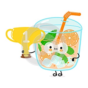 Cute funny orange juice hold gold trophy cup. Vector hand drawn cartoon kawaii character illustration icon. Isolated on