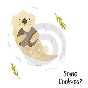 Cute funny otter with cookie floating in river
