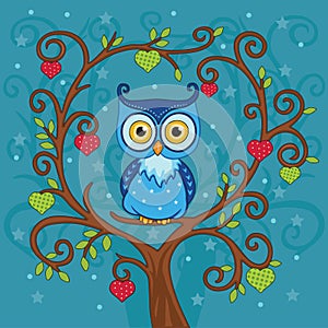Cute funny owl on abstract blue background. Children`s cartoon illustration with fabulous animal or bird, heart and stars.Vector.