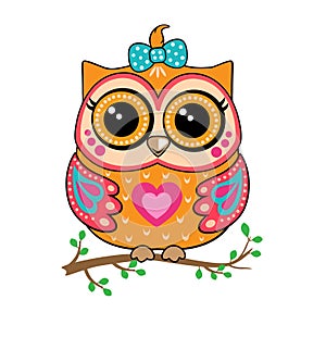 Cute funny owl. Forest bird or animal. Decorative and style toy, doll. Wonderland. Magic, fabulous story. Vector.