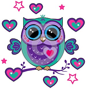 Cute funny owl. Forest bird, heart and stars. Decorative and style toy, doll. Wonderland. Magic, fabulous story.