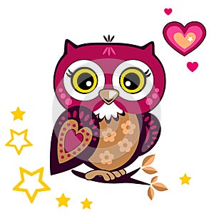 Cute funny owl. Forest bird, heart and stars. Decorative and style toy, doll. Wonderland. Magic, fabulous story. Vector.