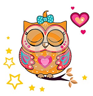 Cute funny owl. Forest bird, heart and stars. Decorative and style toy, doll. Wonderland. Magic, fabulous story. Vector.